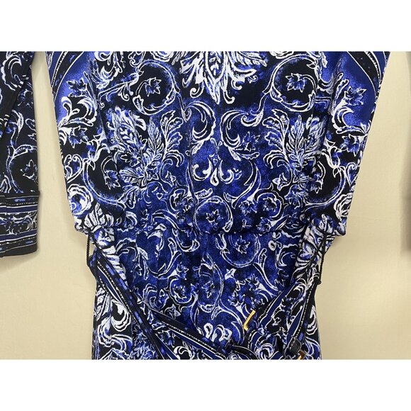 White House Black Market Blue/Black Floral Keyhole Neck Belted Dress Size XXS - Picture 6 of 11